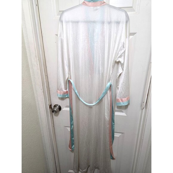 Vintage Vanity Fair White Satin Long Y2K 80s Victorian Robe Pastel Pink & Blue E - Picture 2 of 10